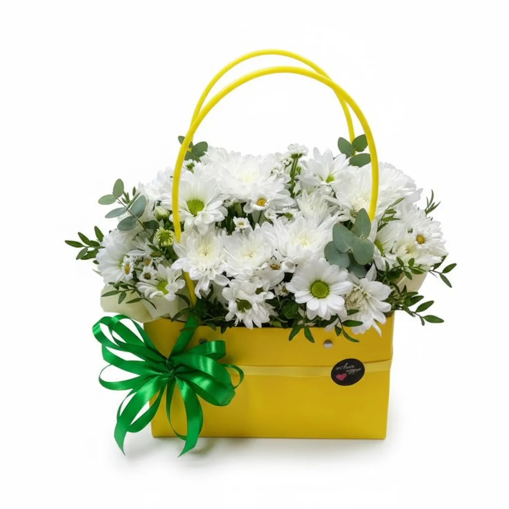 Aranjament cu Crizanteme Albe în Cutie Galbenă