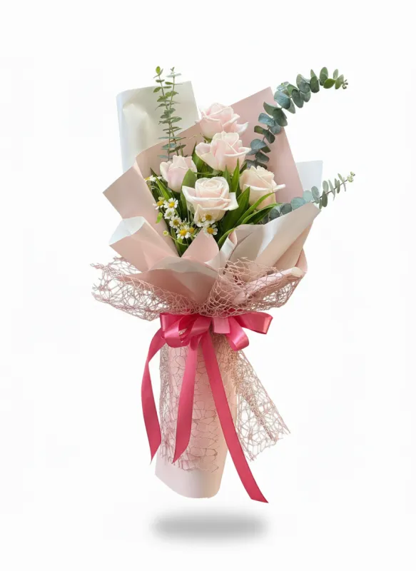 Buchet Trandafiri Roz Pal și Eucalipt