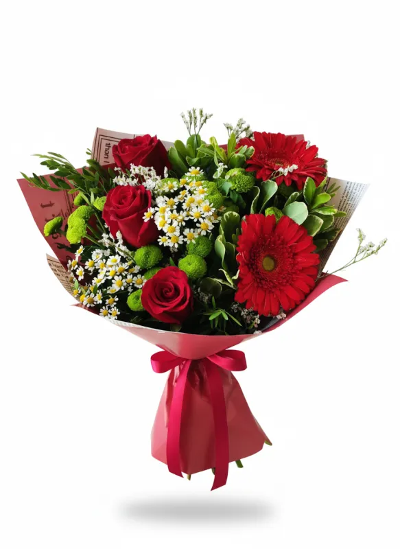 Buchet Trandafiri Roșii Gerbera și Verdeață