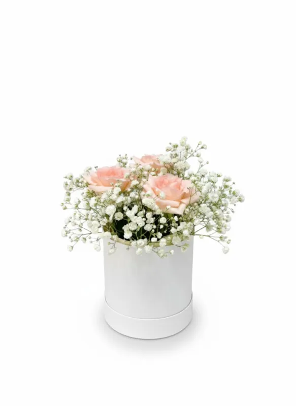 Aranjament Delicat cu 3 Trandafiri Roz în Cutie Albă