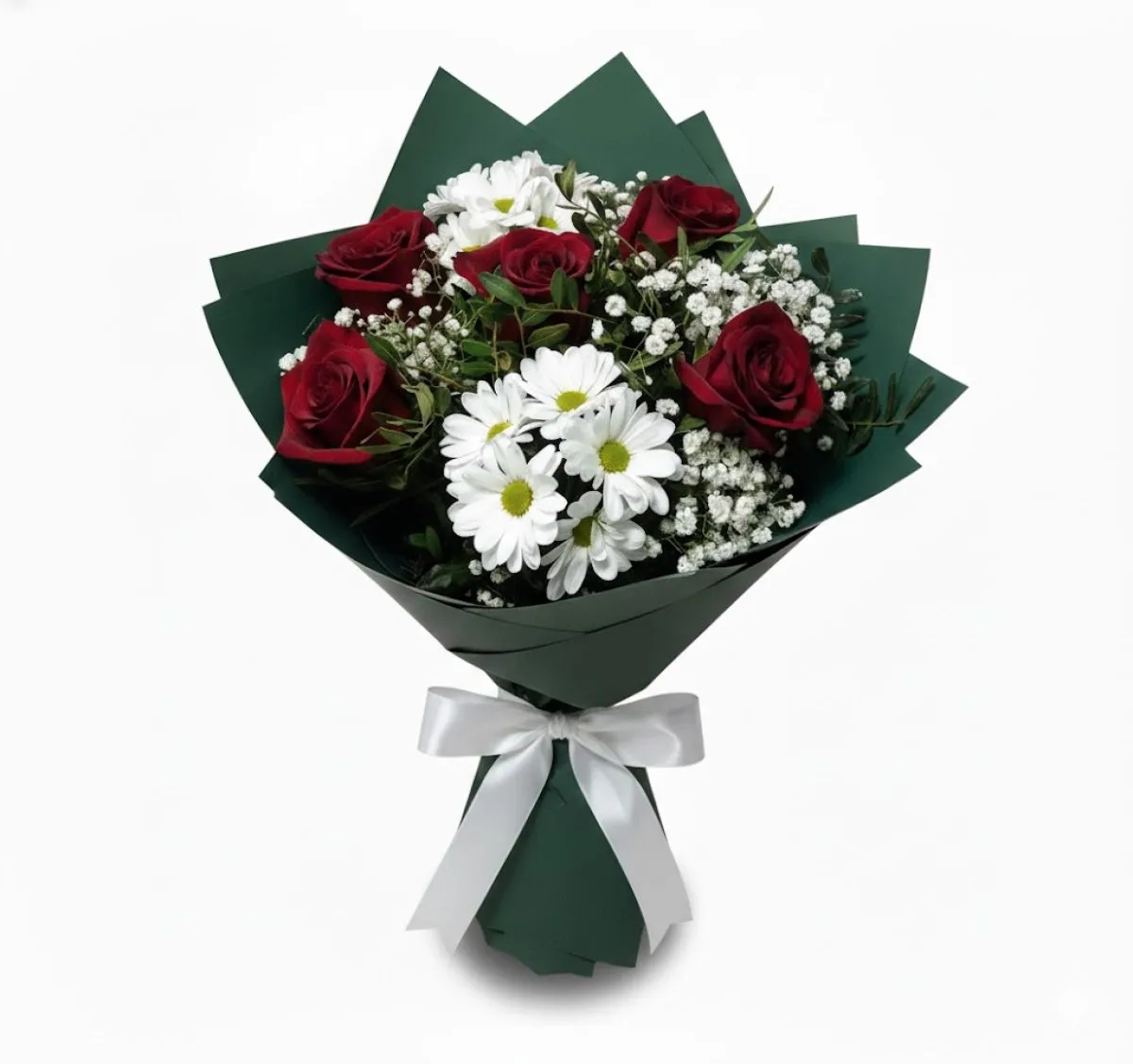 Buchet Elegant Roșu și Alb cu Crizanteme