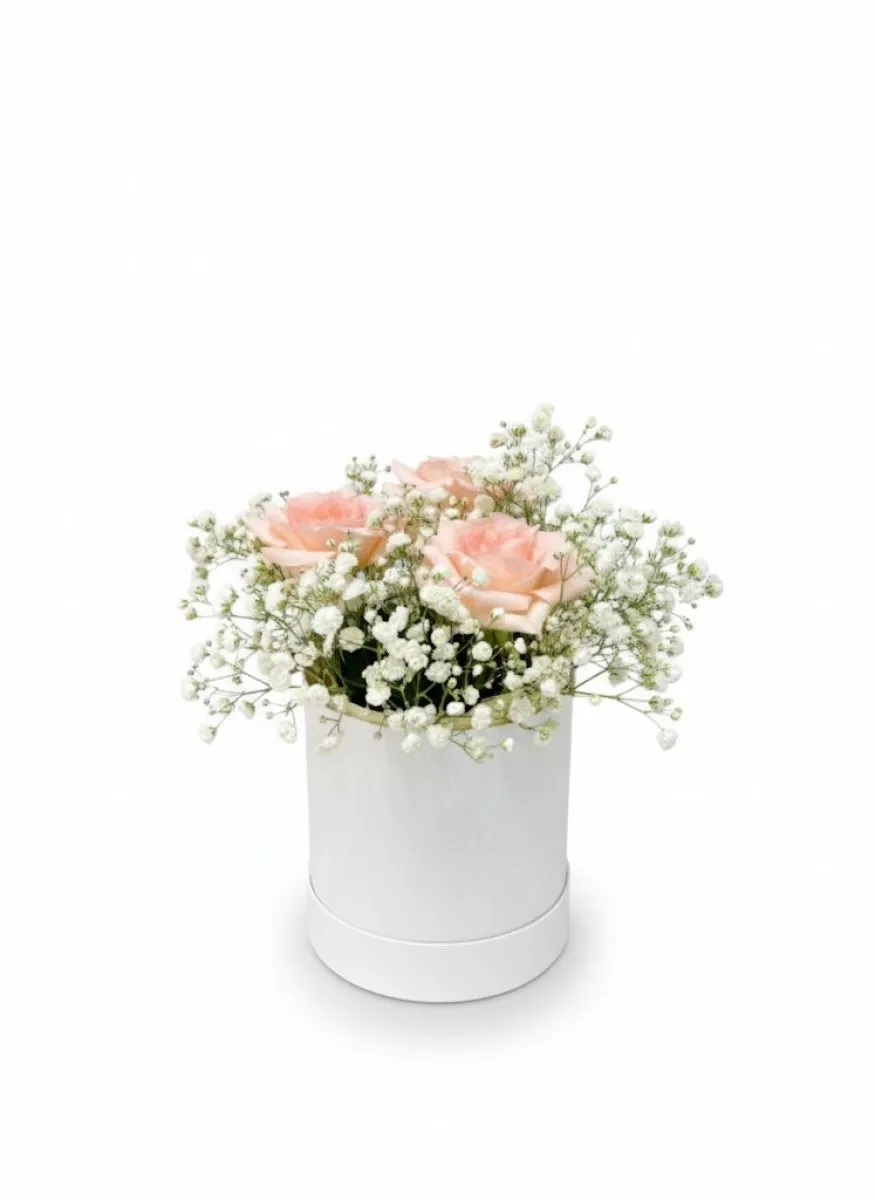 Aranjament Delicat cu 3 Trandafiri Roz în Cutie Albă