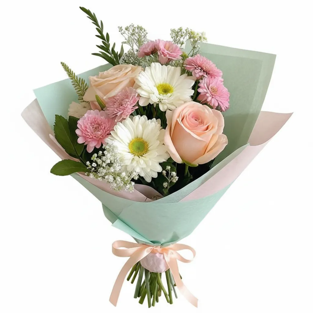 Buchet Delicat în Nuanțe Pastel cu Trandafiri și Crizanteme Roz