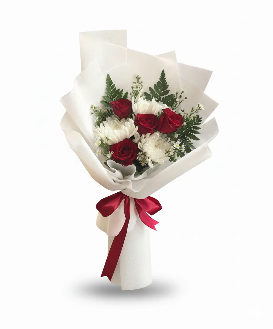 Buchet Clasic Roșu și Alb cu Crizanteme