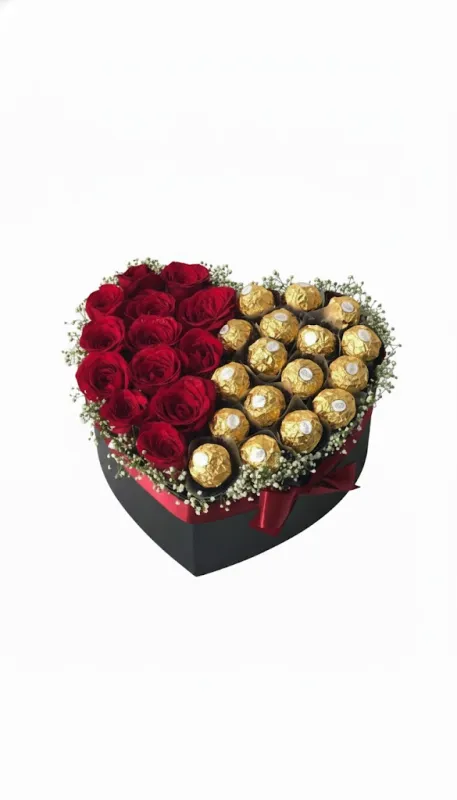 Aranjament Inimă cu Trandafiri Roșii și Ciocolată Ferrero Rocher