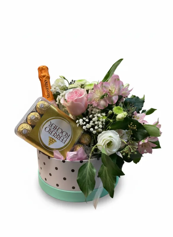 Cutie Cadou cu Prosecco Mionetto Ferrero Rocher și Flori Pastelate