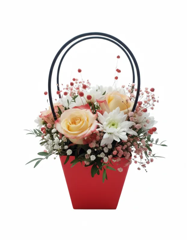 Aranjament în Coș Roșu cu Trandafiri și Crizanteme Albe