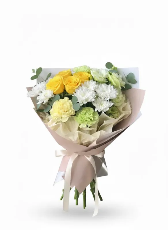 Buchet Soare de Vară cu Trandafiri Galbeni și Crizanteme Albe