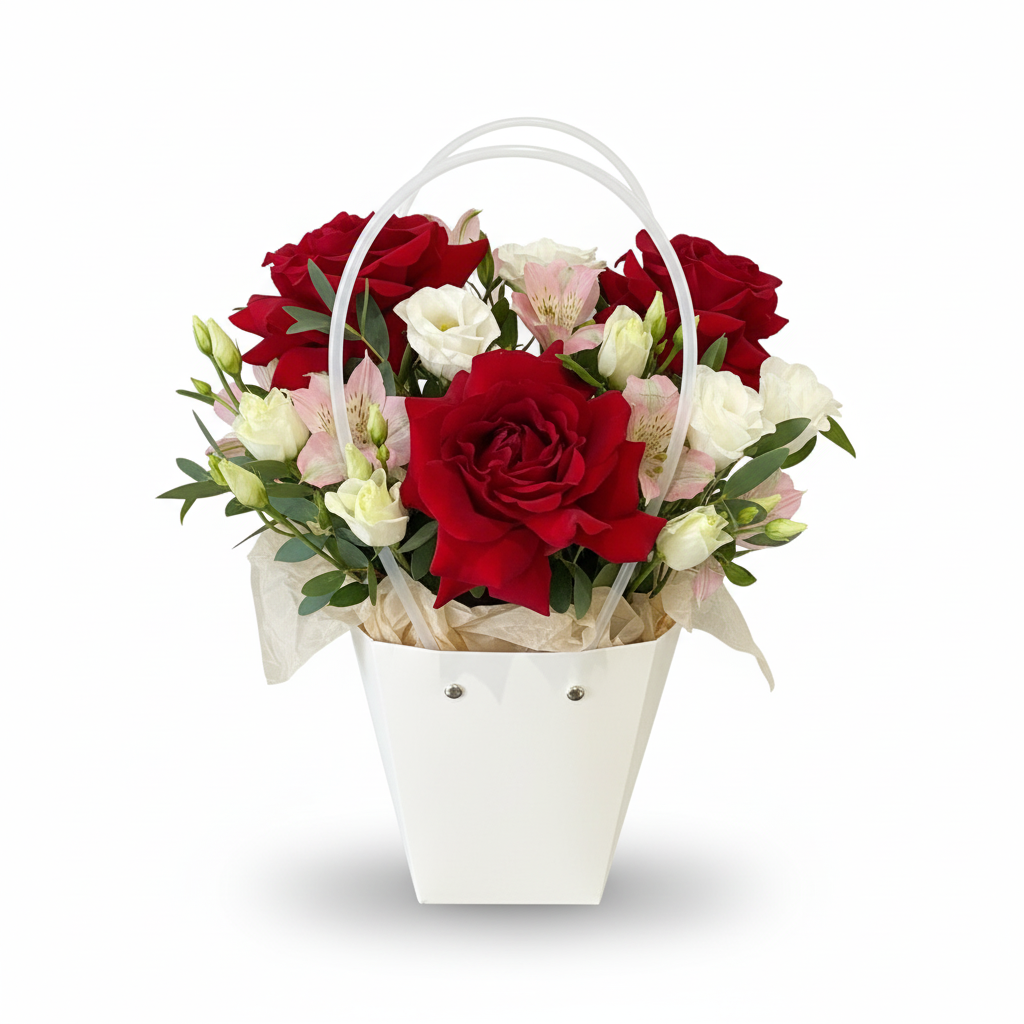 Aranjament în Cutie Albă cu Trandafiri Roșii și Lisianthus